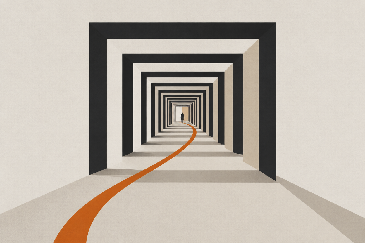 Receding rectangular frames traced by a single curved motion arc