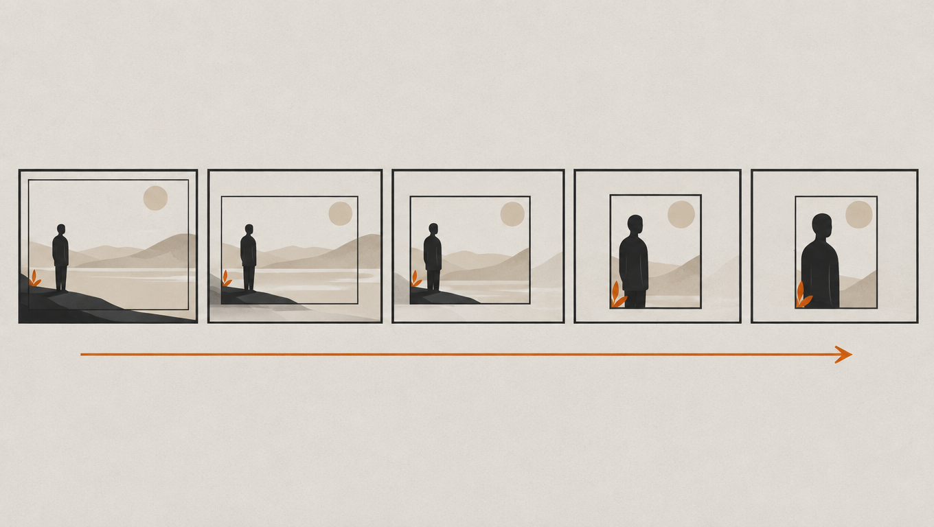 Illustration of a push-in as five filmstrip frames tightening on a figure held on the left third