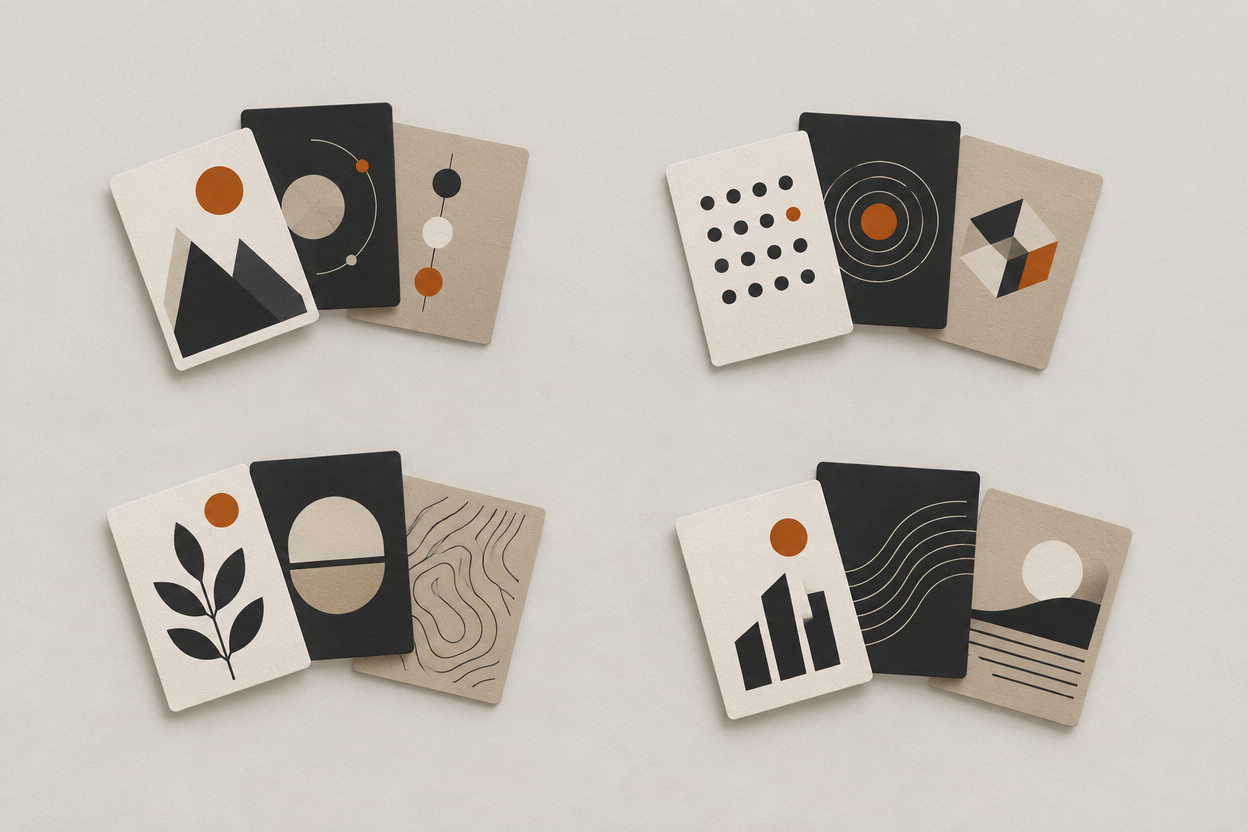 Illustration of an organised spread of reference cards grouped into labelled sections