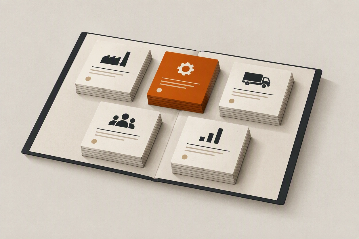 An open ledger of stacked reference cards with one card marked in accent colour