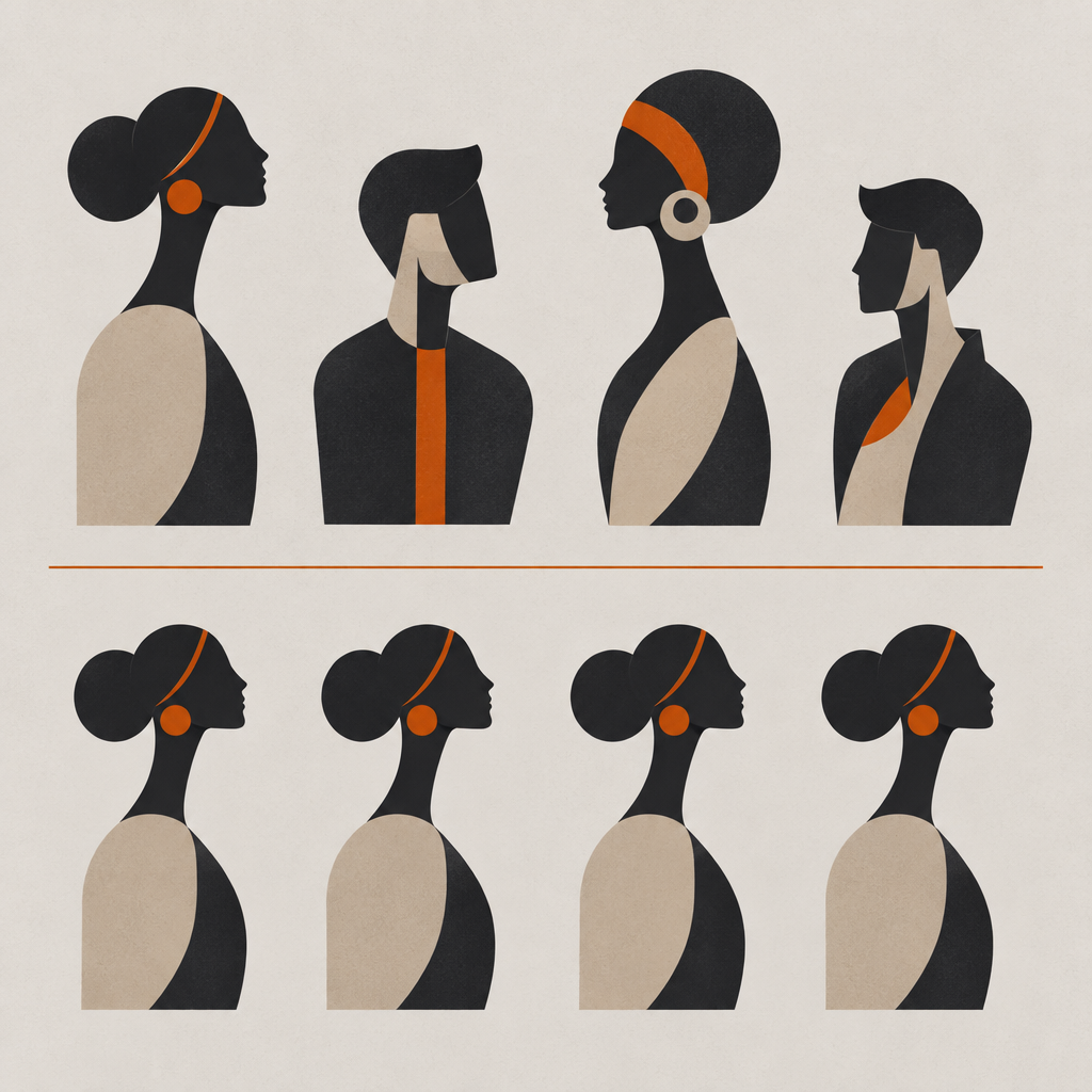 Illustration contrasting four inconsistent portrait forms with four identical ones