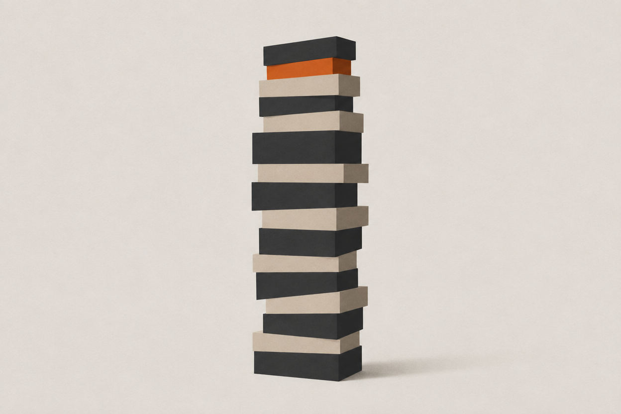 A stacked ledger column of blocks with a small marked segment near the top
