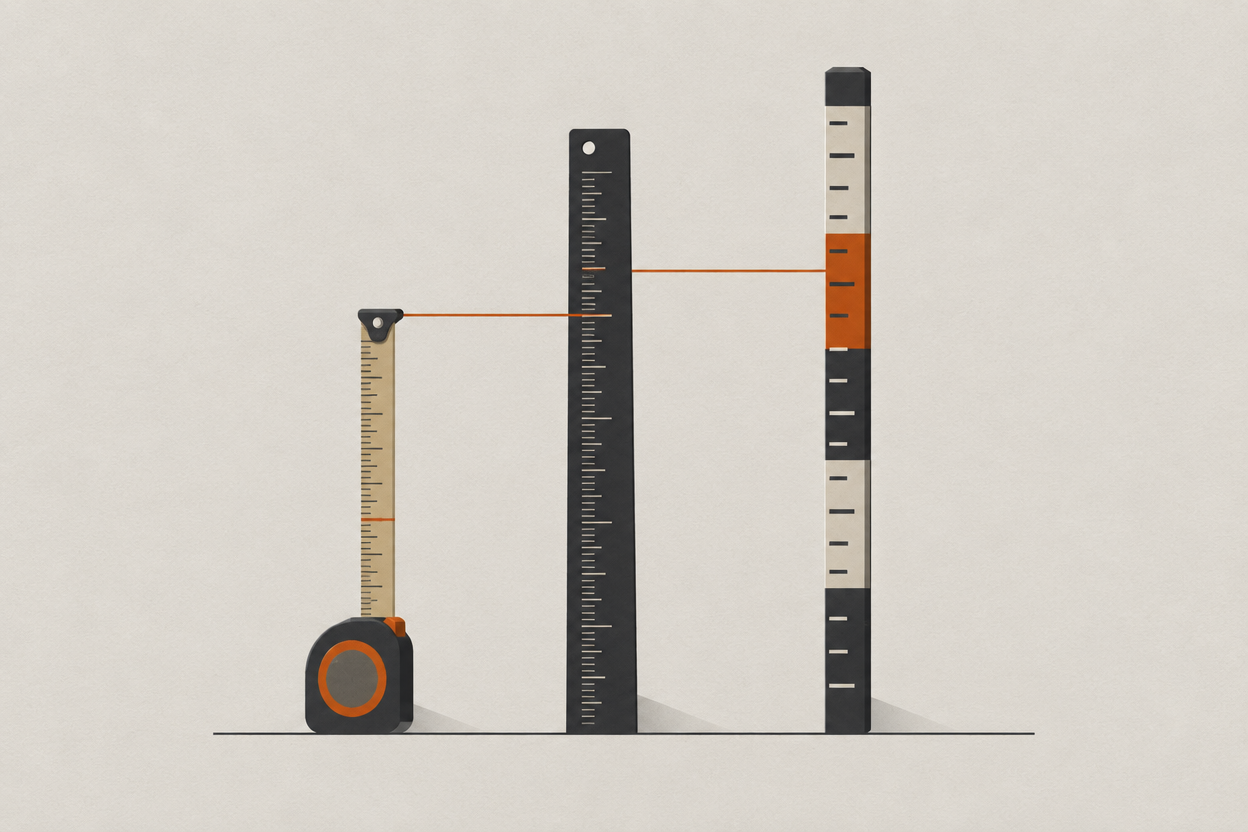 Three differently sized measuring units set against one common baseline