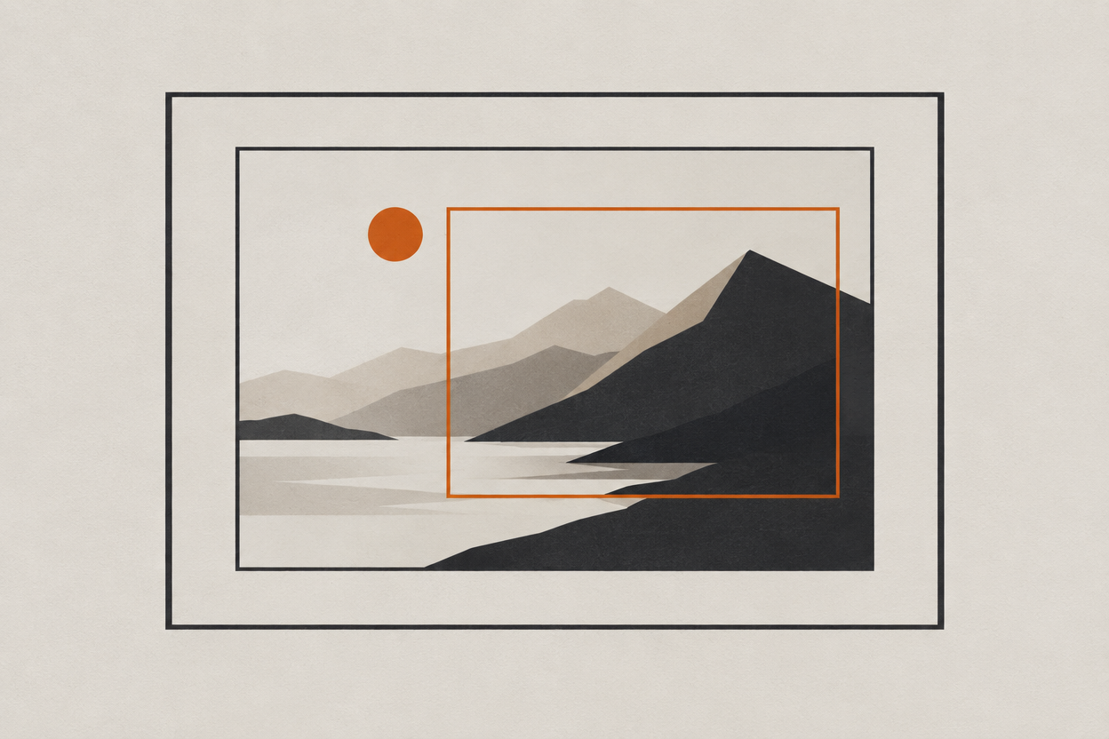 Illustration of three nested frames of increasing size with a crop region marked inside the largest