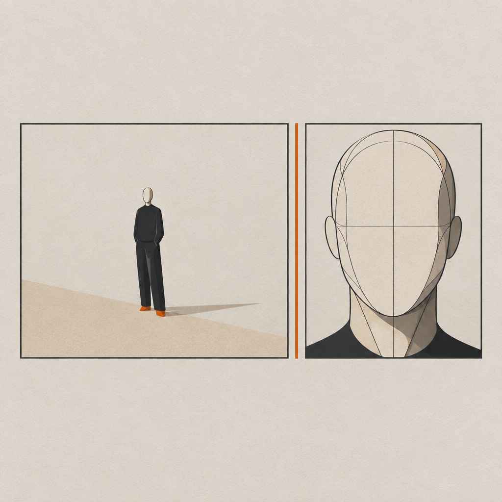 Illustration of the same face shown tiny in a wide frame and large in a close frame with more detail