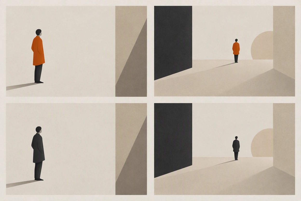 Illustration of two rows of frames showing a camera move repeated with two different garments