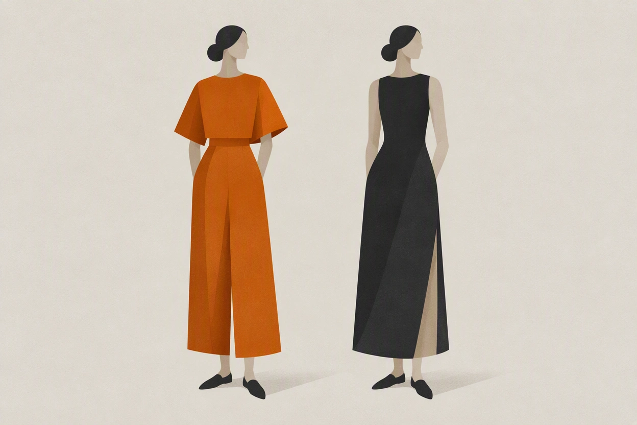 Illustration of the same figure in two different garment states with identical proportions