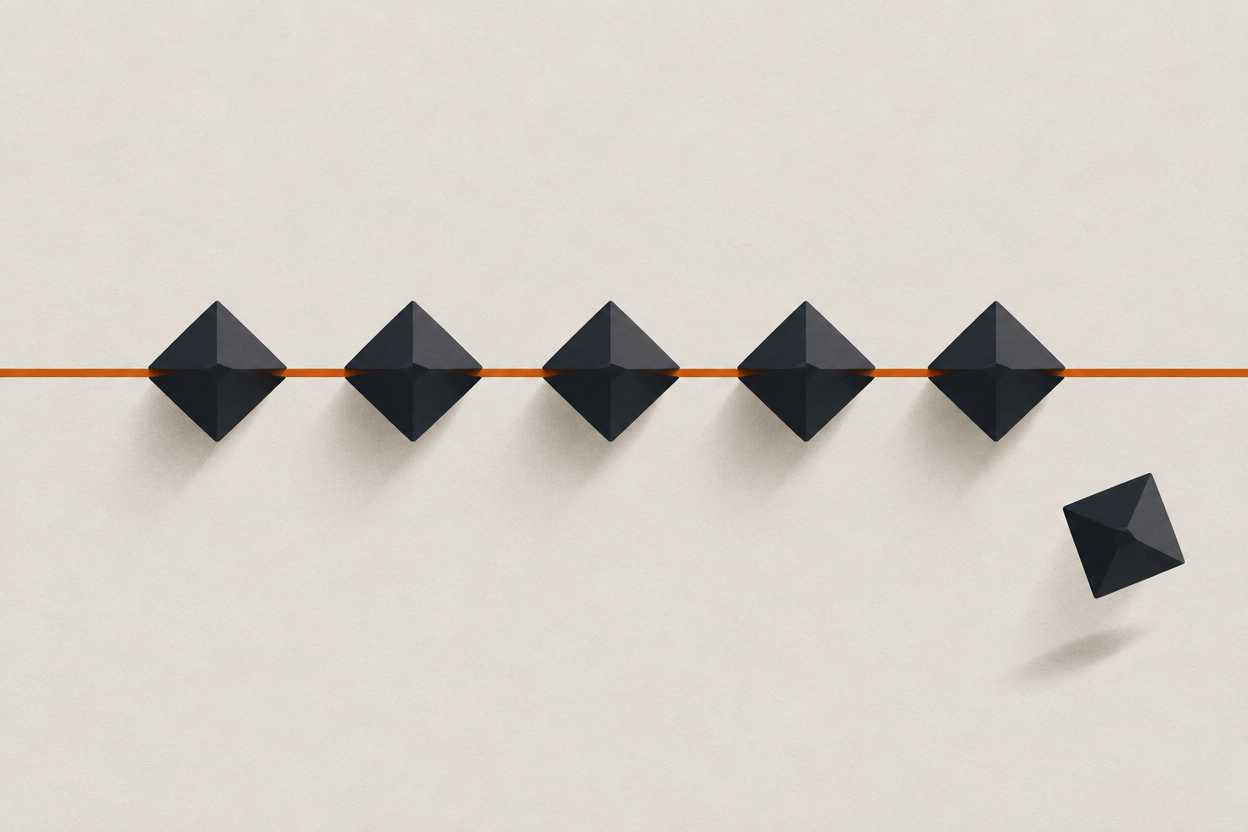 Identical forms threaded on one continuous line, with a single form drifting off it
