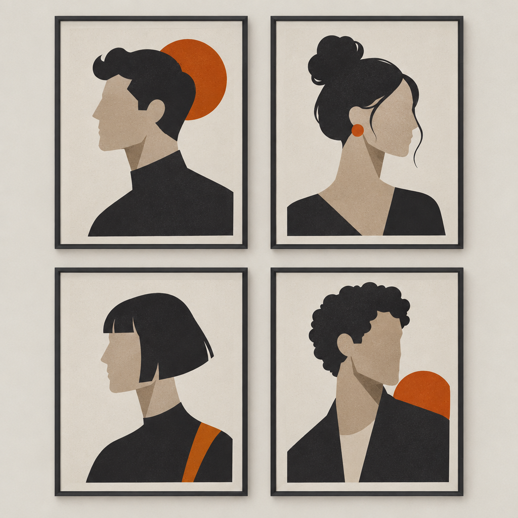 Illustration of a two by two grid of four different portrait silhouettes