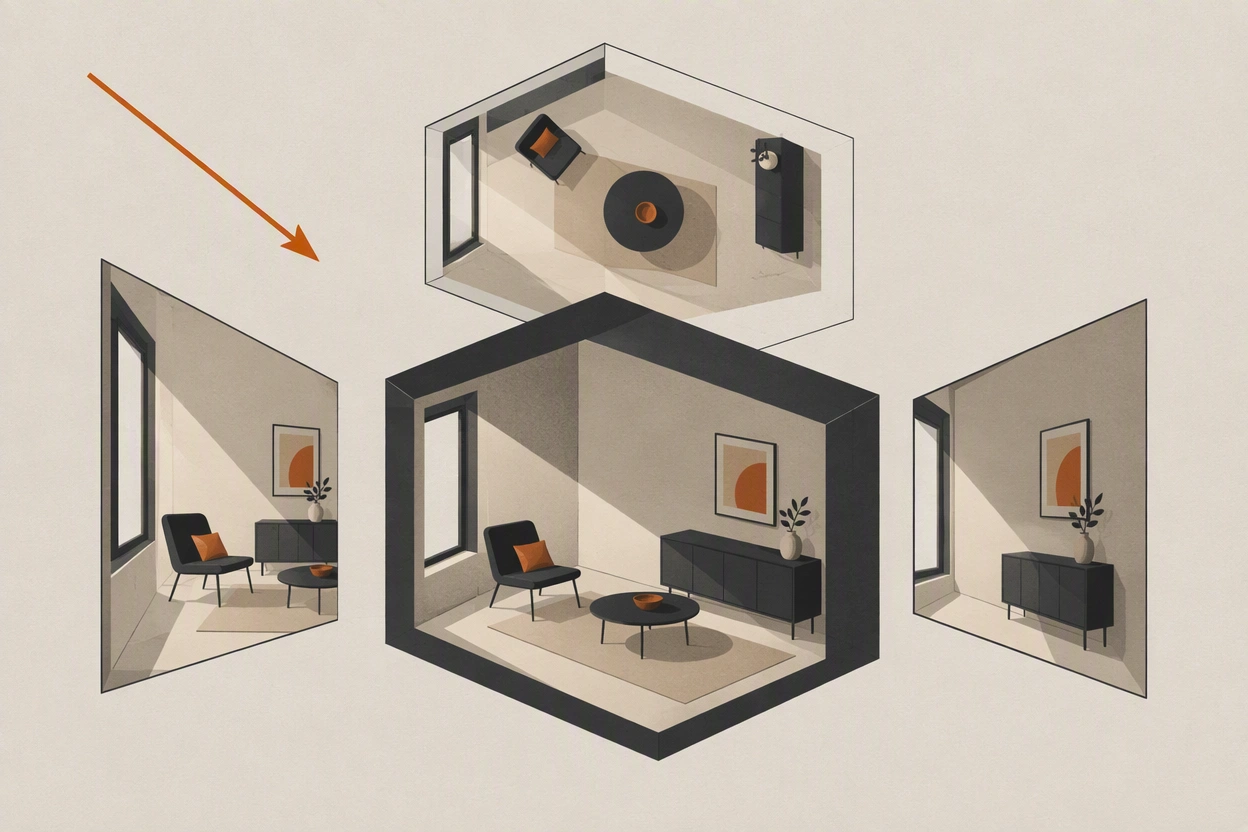 A single room volume shown from three angles with one consistent light direction