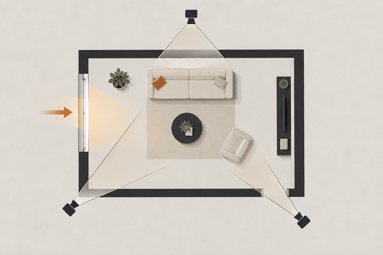 Overhead diagram of a room with a fixed light direction and three camera positions