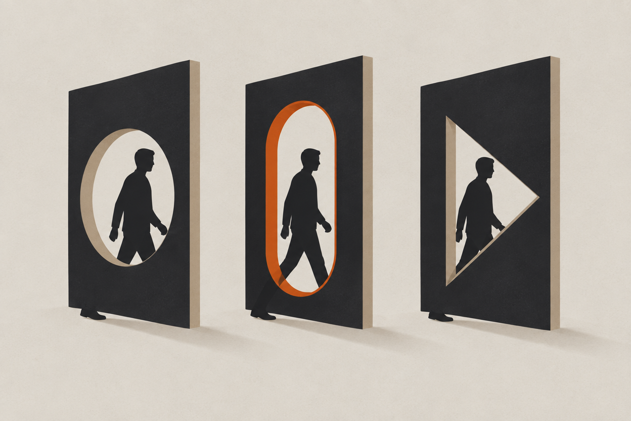 One form passing through three differently shaped apertures and keeping its silhouette