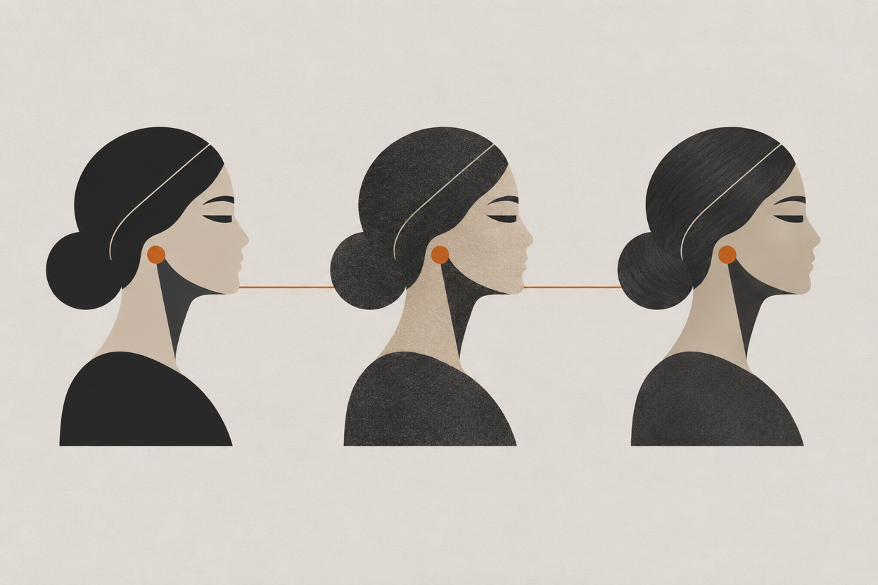 Illustration of one silhouette passing through three differently shaped apertures and emerging recognisable