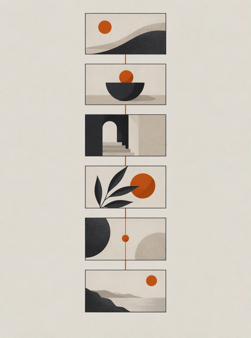 Illustration of six frames stacked in edit order along a single connecting line