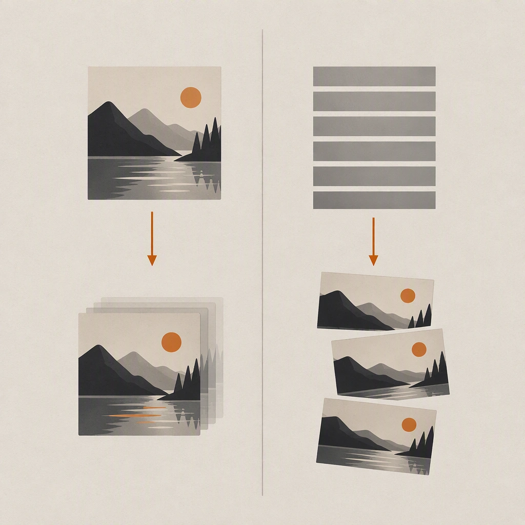 Illustration comparing a stills-first path with a text-only path that diverges