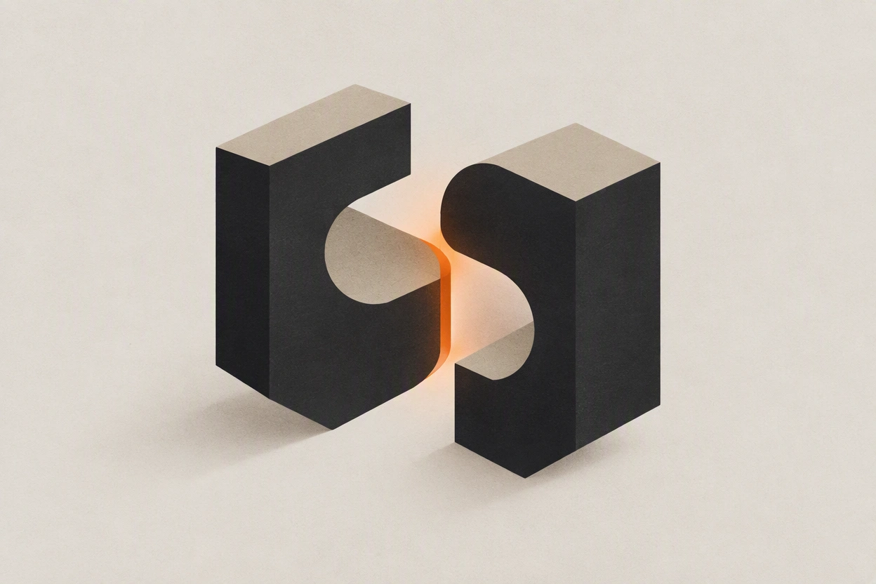 Two interlocking forms facing each other across a narrow lit gap