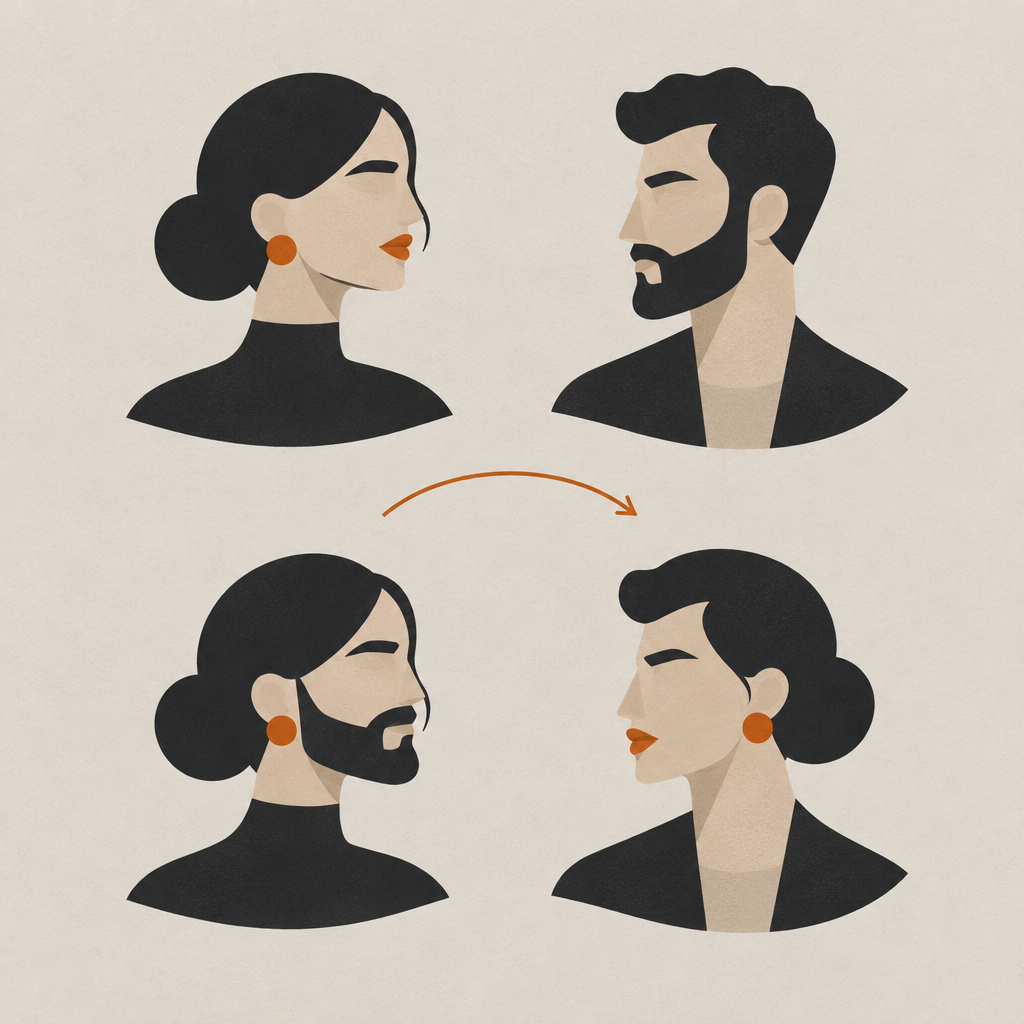 Illustration of two portrait forms whose distinguishing features are exchanged below