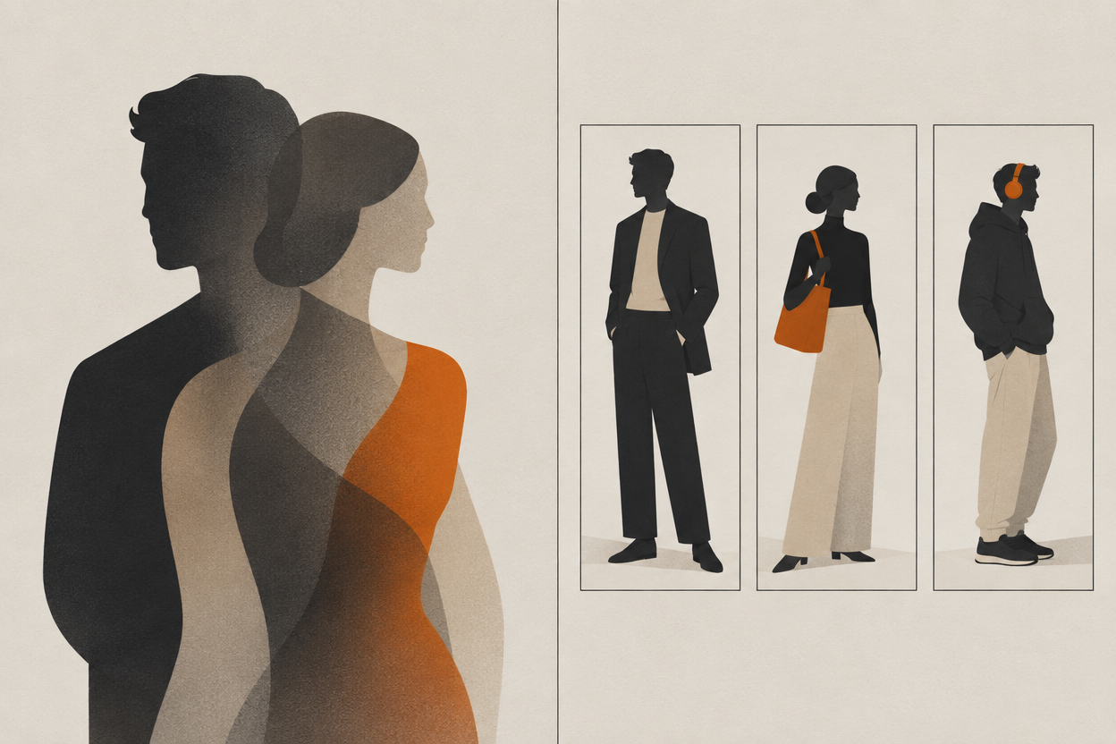 Illustration contrasting one frame holding two merged figures with three frames each holding one