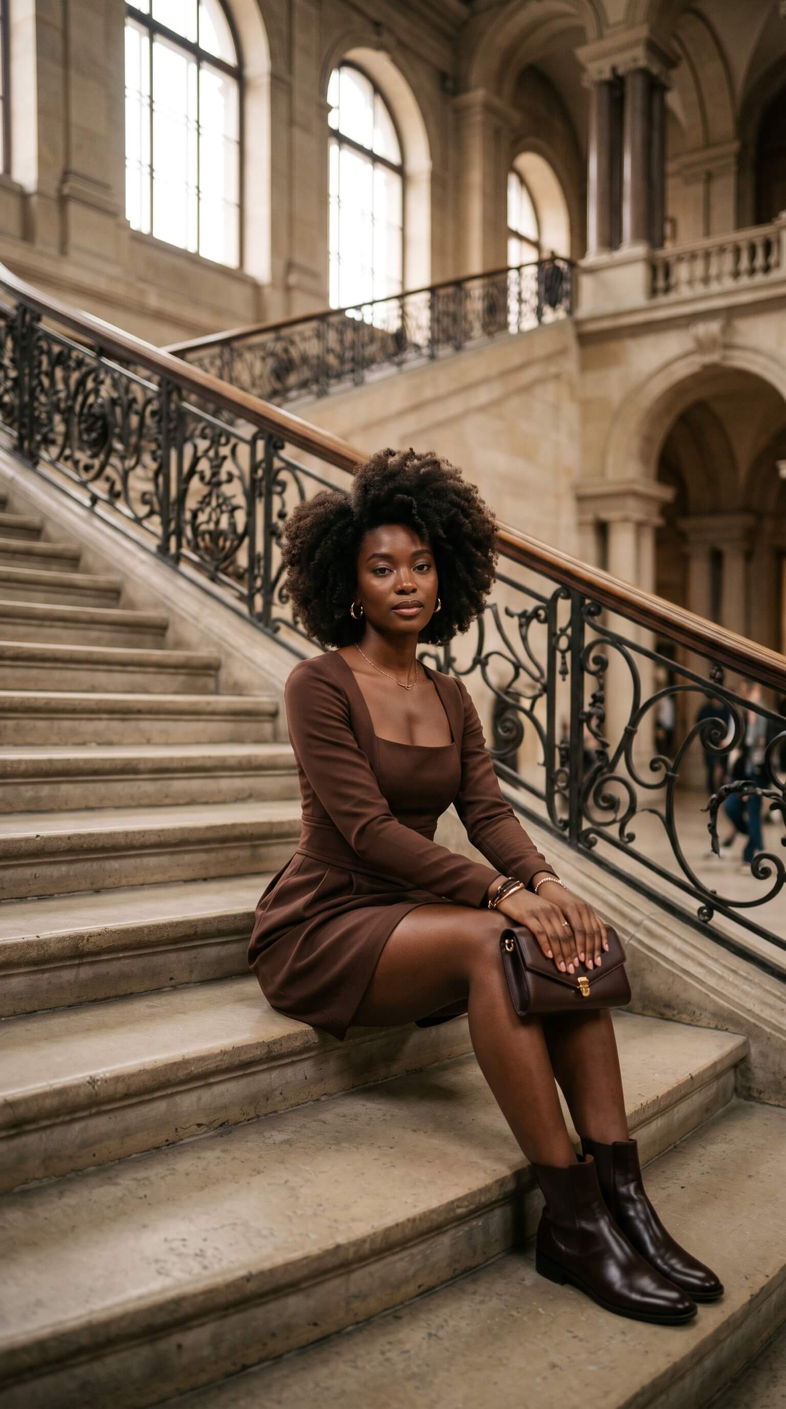AI character in a brown dress seated on a grand stone staircase, generated in FORGR