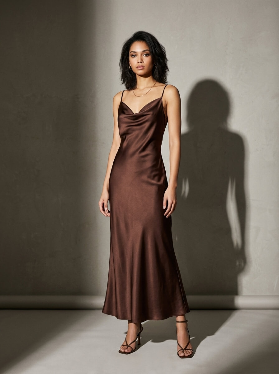 The same brown satin slip dress worn by a character in a studio with a hard cast shadow