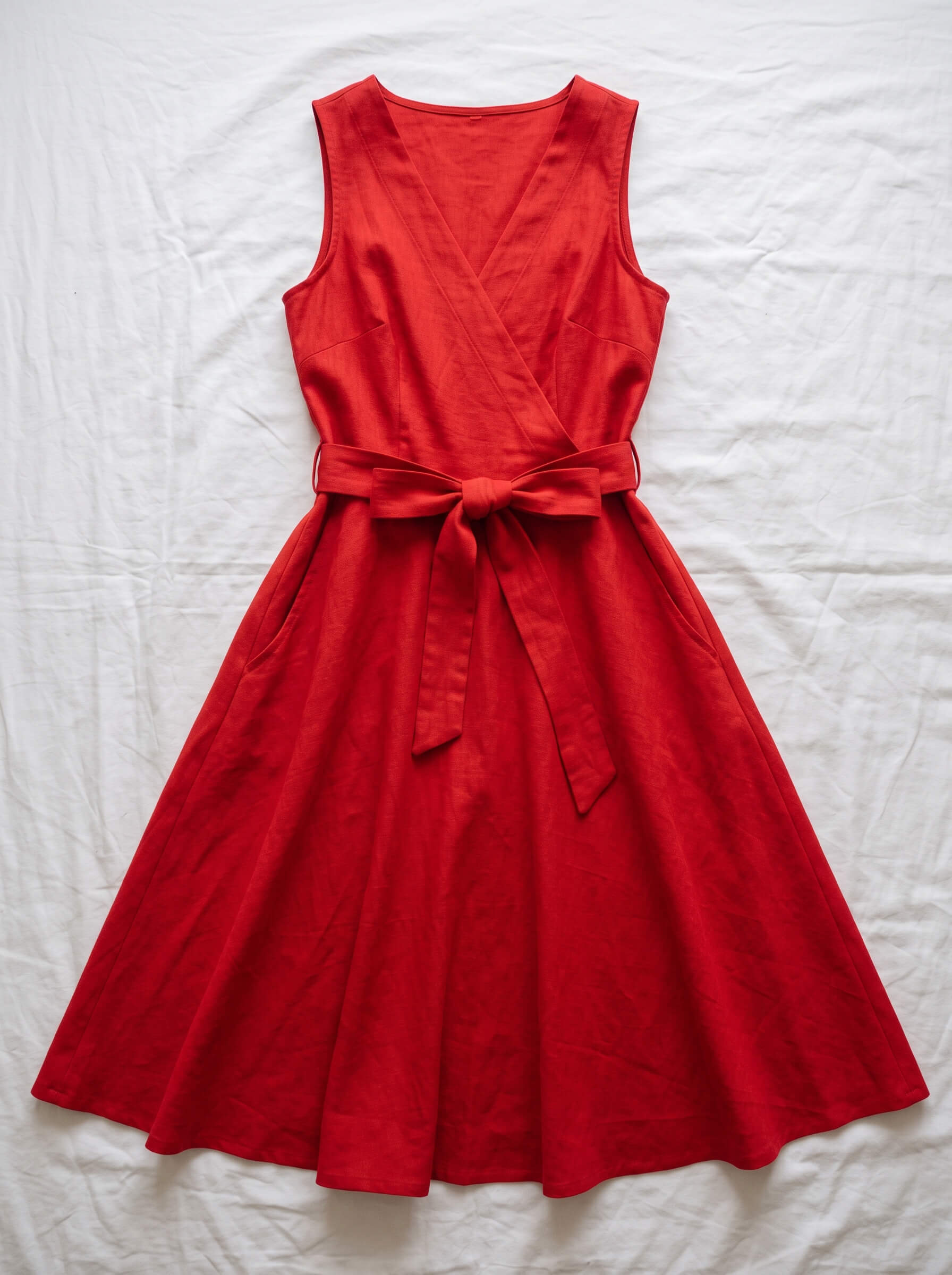 Red linen wrap dress with a tie belt photographed flat on white linen, used as the reference image