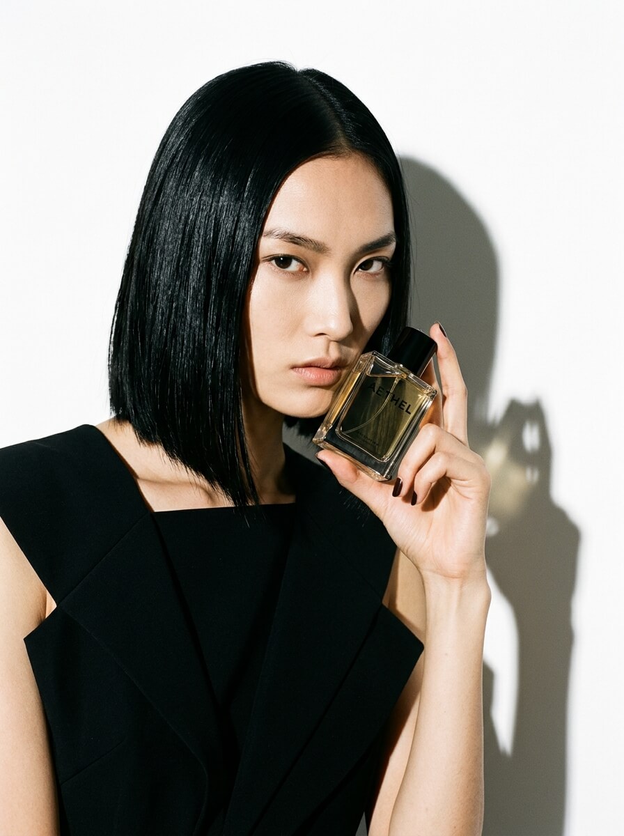 The same AI character holding a fragrance bottle against a white studio wall