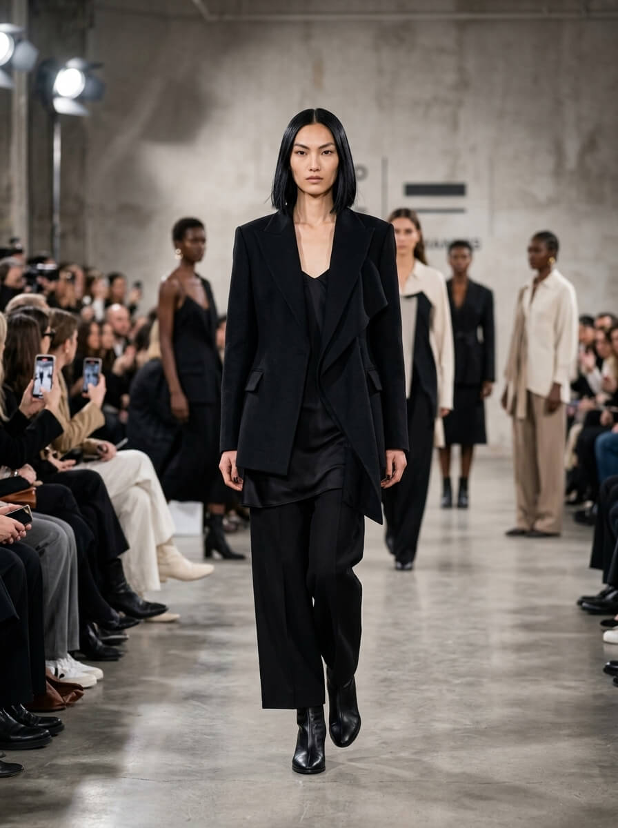 The same AI character walking a runway in black tailoring before a seated audience