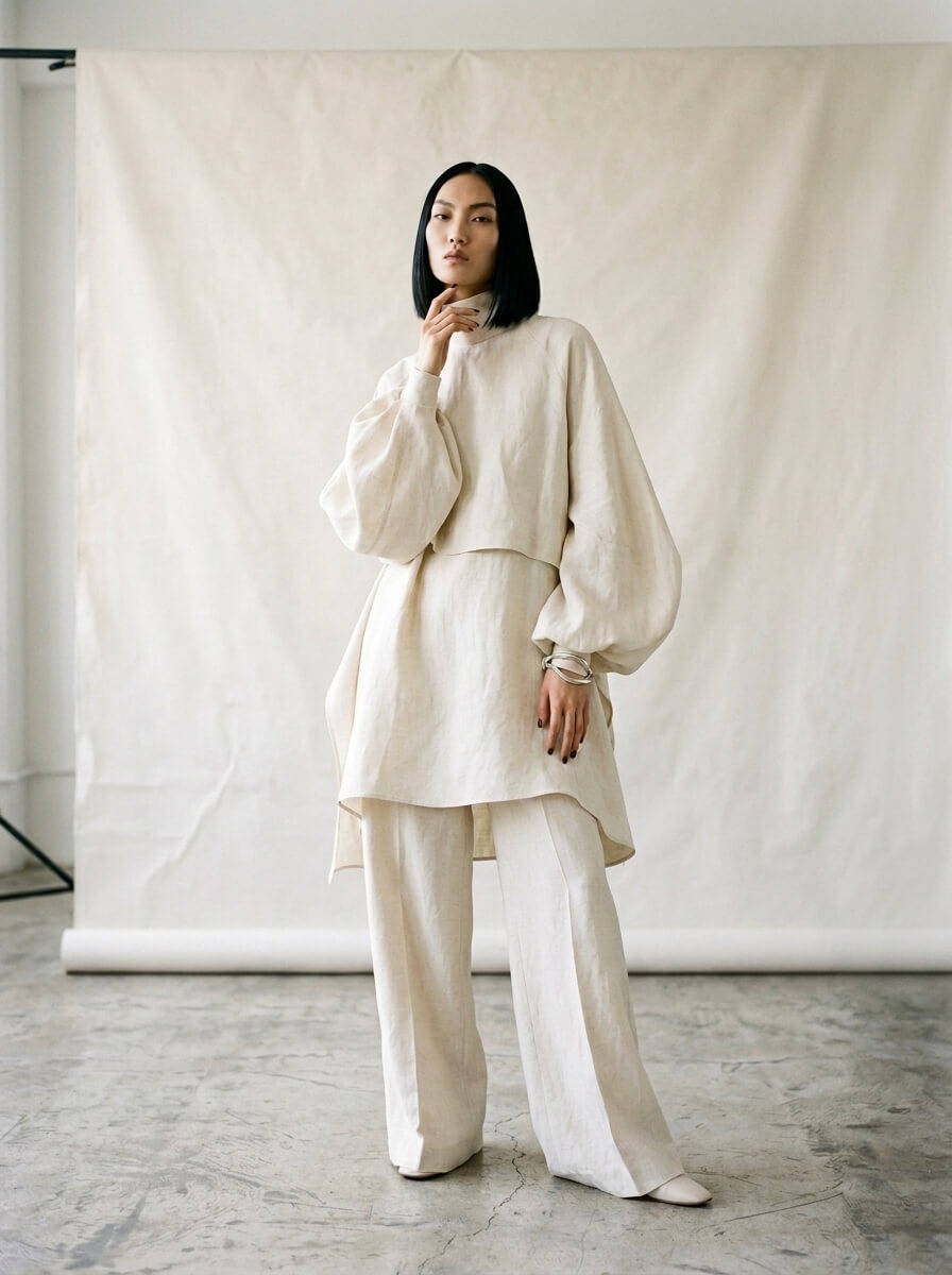 The same AI character in a cream linen set against a canvas studio backdrop