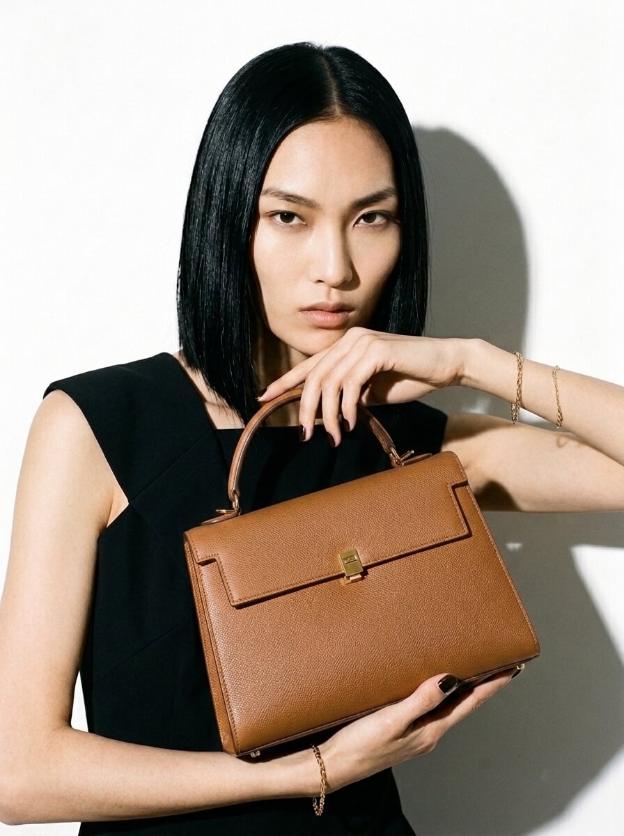 The same AI character in a black dress presenting a tan leather handbag against a studio wall