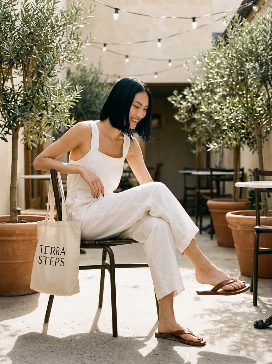 The same AI character seated on a cafe terrace with a canvas tote bag
