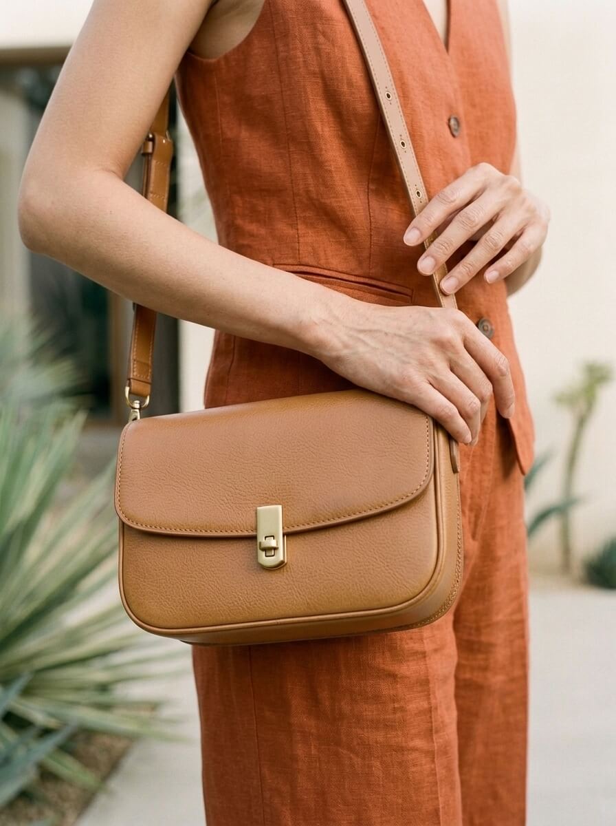 The same scene cropped tight on the tan leather shoulder bag