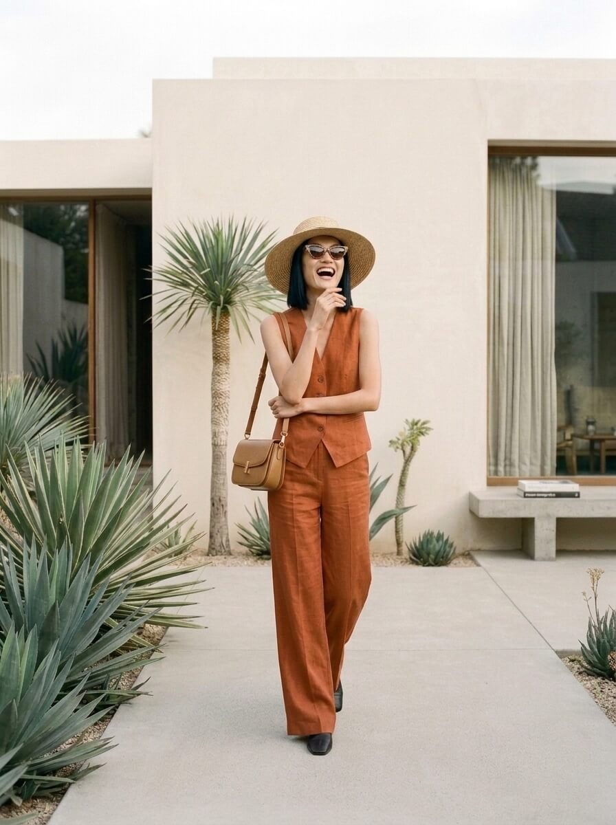 The scene shot at eye level, head to toe, outside the desert house