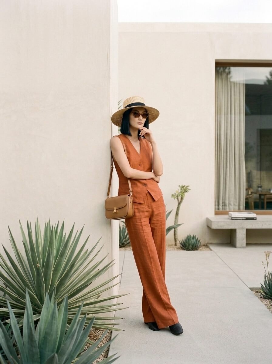 The same scene shot at eye level with the character leaning against a stucco wall